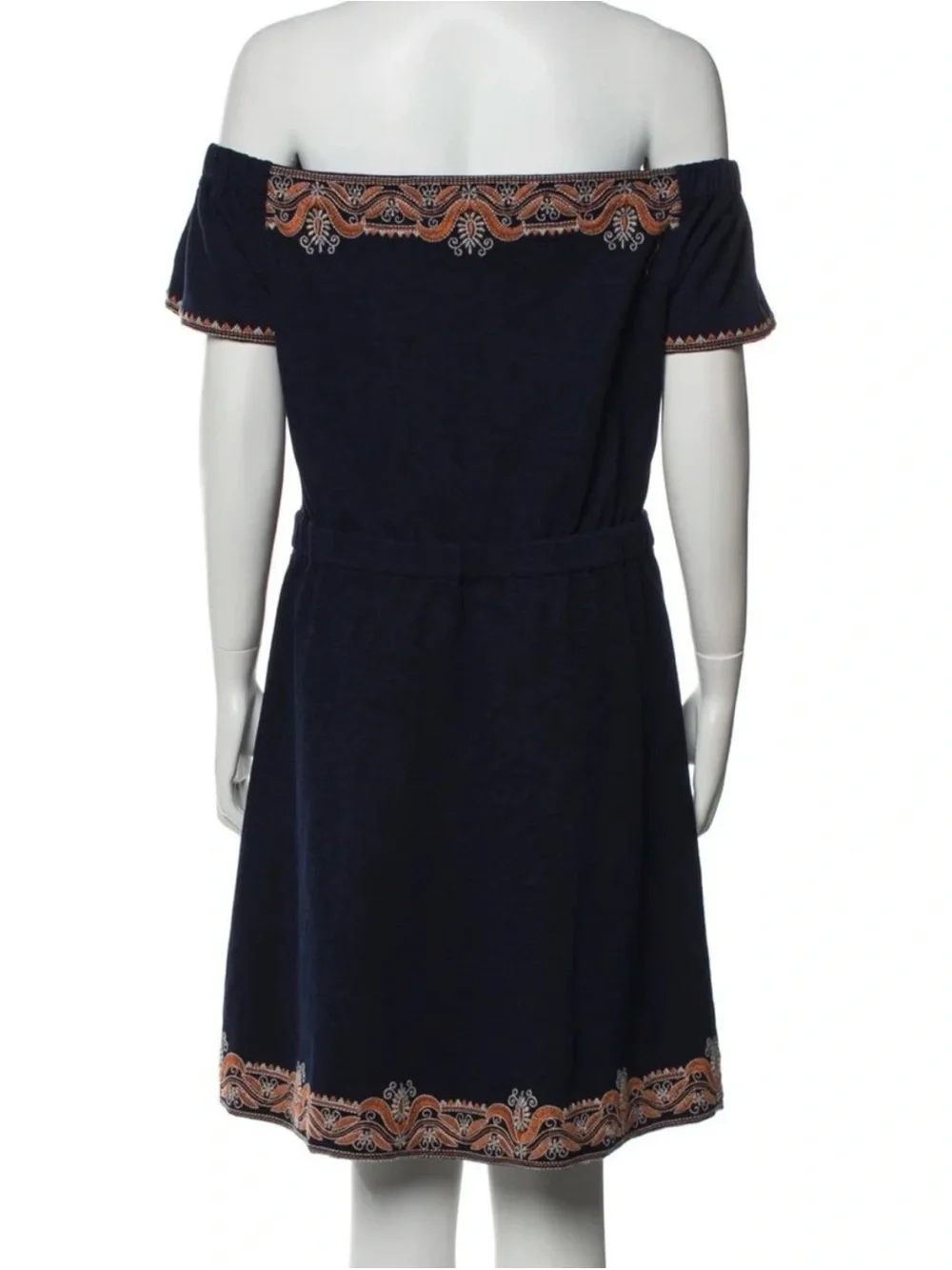 Tory Burch Nell Royal Navy Embroidered Off Shoulder Cotton Dress M EUC